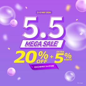 5.5 MEGA SALE 🔥 Storewide 20% Off + Extra 5% Rebate & 1-Day Beauty Deals!