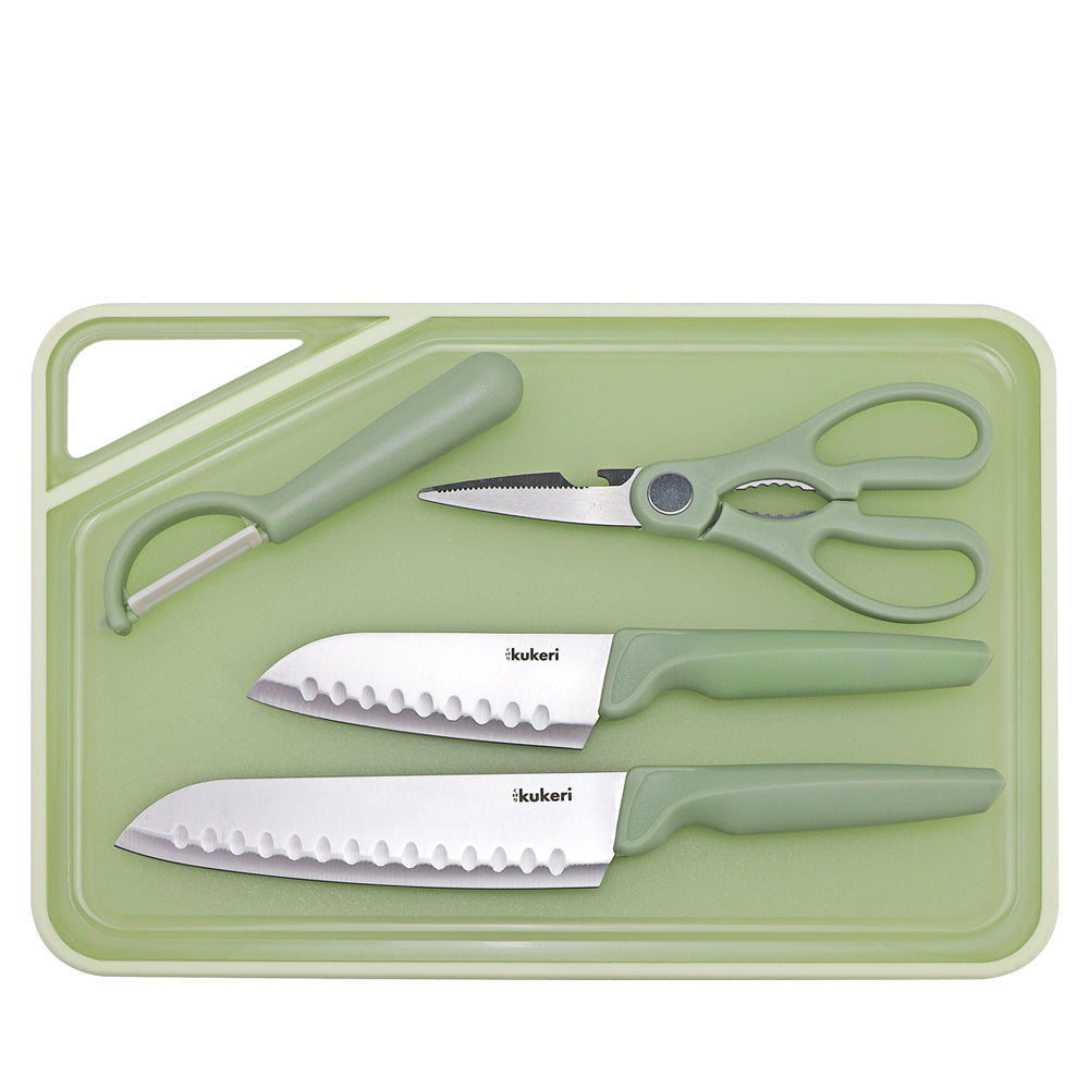 Kukeri 5-pc Cutting Board, Knives, Scissors and Peeler Set - Green