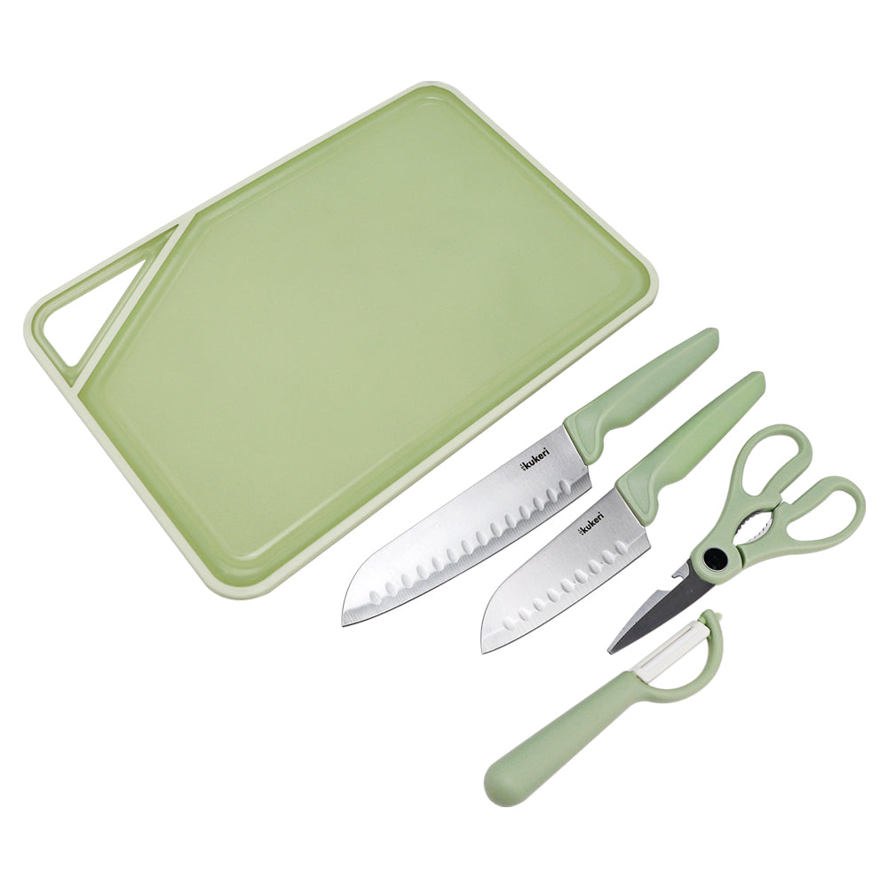 Kukeri 5-pc Cutting Board, Knives, Scissors and Peeler Set - Green