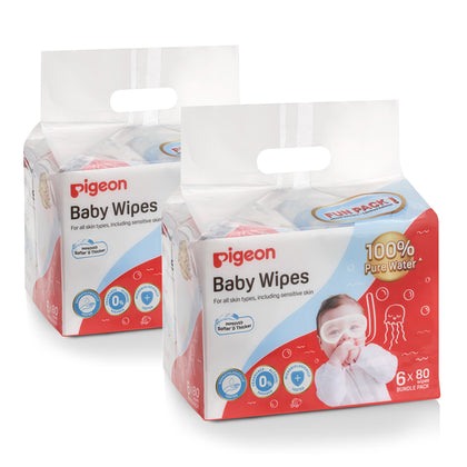Pigeon 100% Pure Water Baby Wipes 80 sheets 6 in 1 (Bundle of 2) (7949SP)