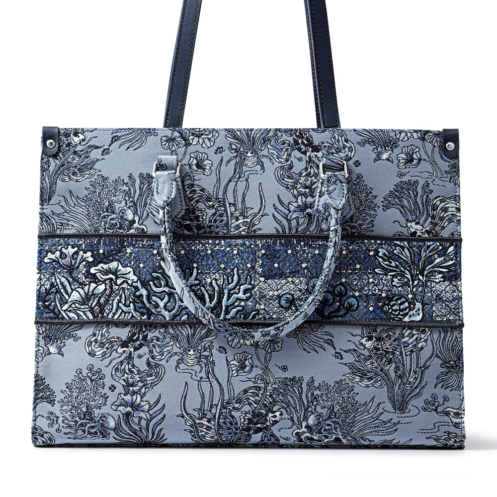 FION Leather-Trimmed Under-The-Sea Jacquard Large Tote Bag - Blue