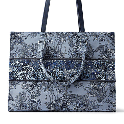 FION Leather-Trimmed Under-The-Sea Jacquard Large Tote Bag - Blue