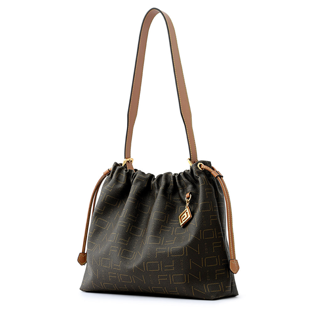FION Leather-Trimmed Monogram Drawstring Bag - Brown – OG Singapore