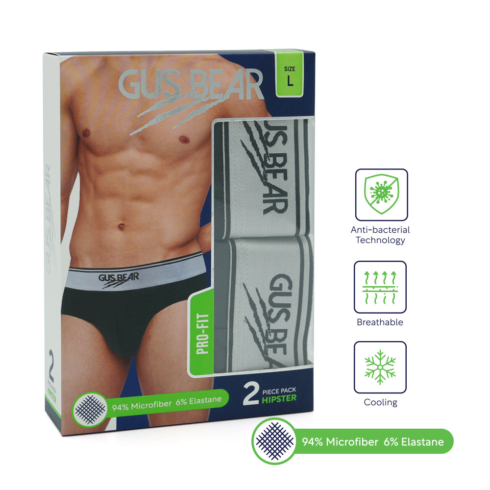 (Bundle of 2) GUS BEAR Microfiber Pro-fit Hipster Briefs (2-pc-pack) - Black/grey
