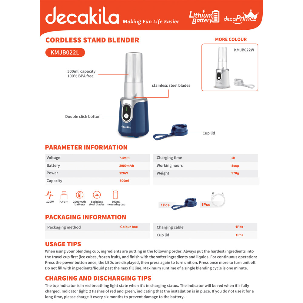 decakila Cordless Stand Blender - Blue (KMJB022L)