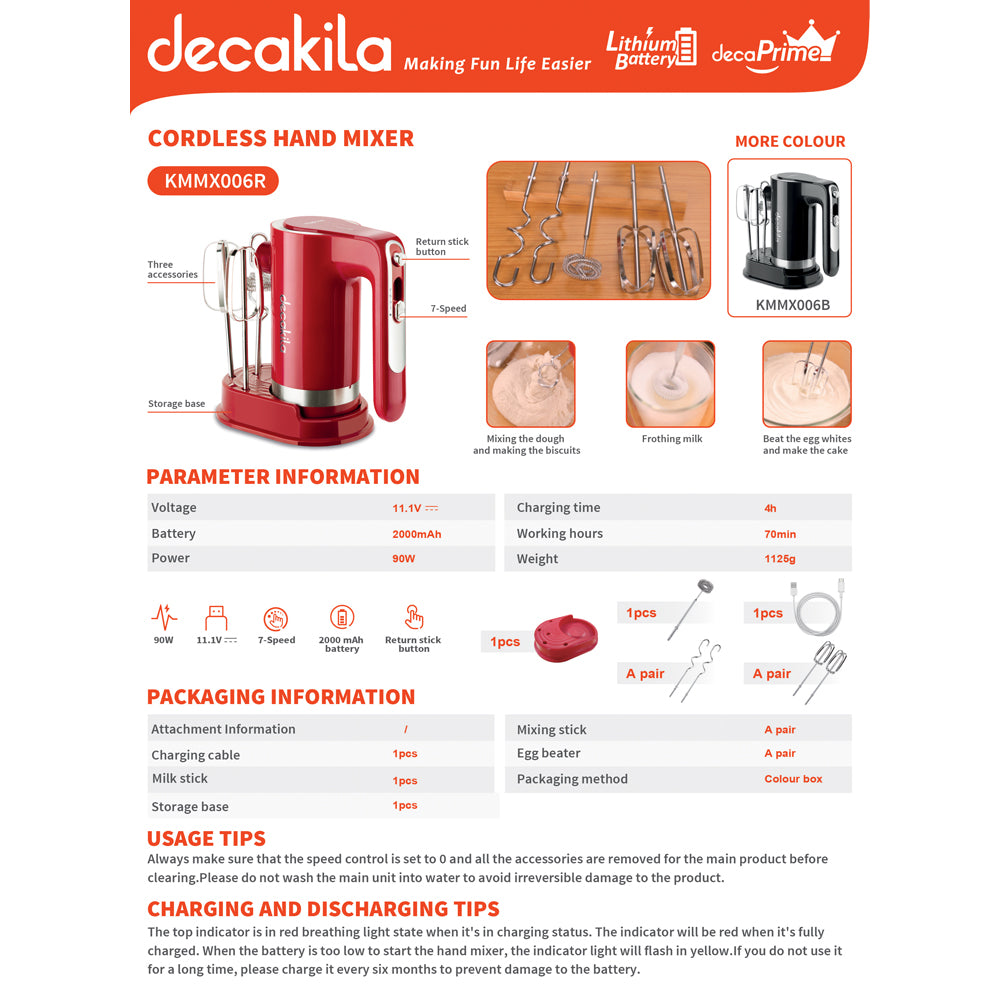 decakila Cordless Hand Mixer - Red (KMMX006R)