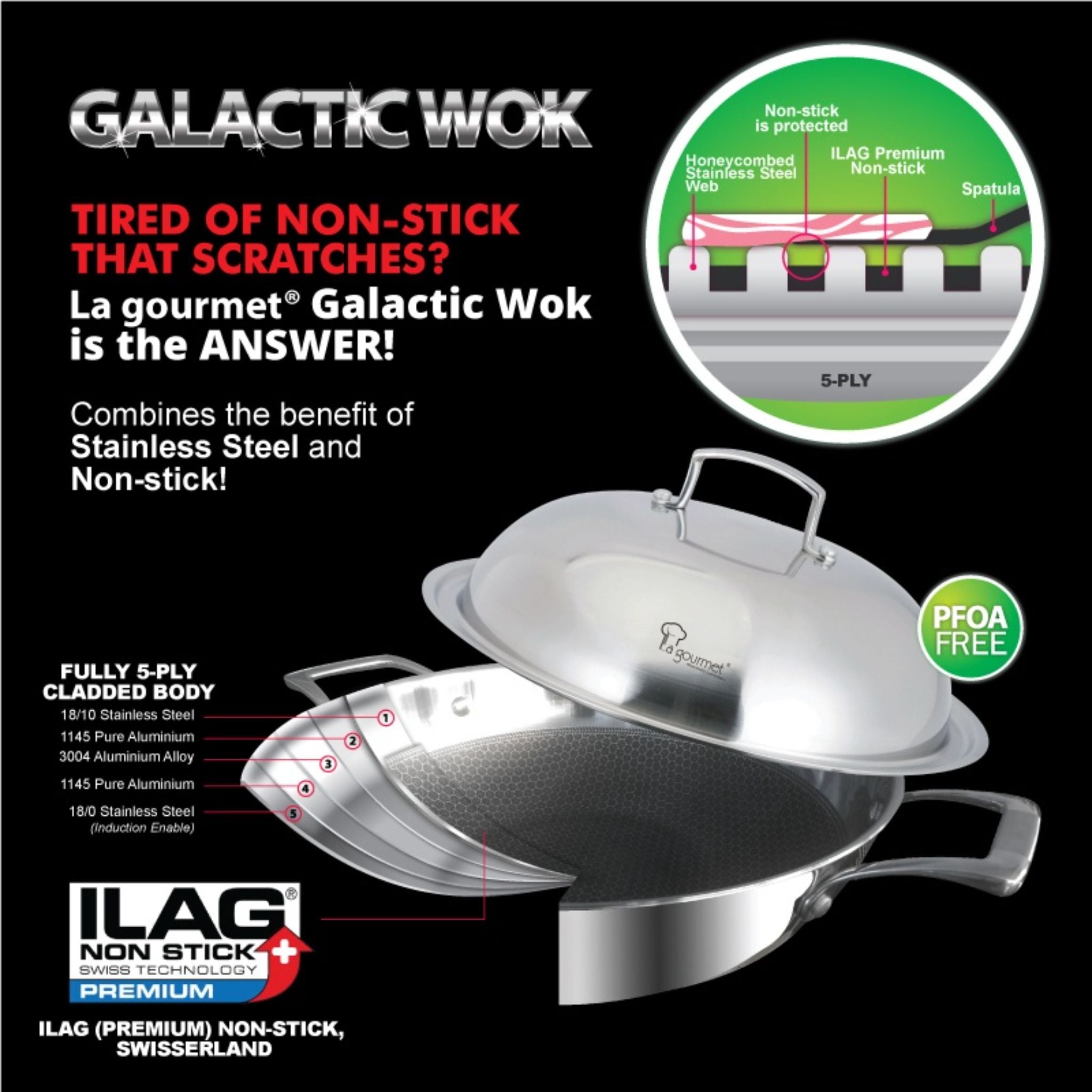 La gourmet GaLactic 32cm 5-ply Stainless Steel with Honeycomb Non-stick Wok (LGGC342904)