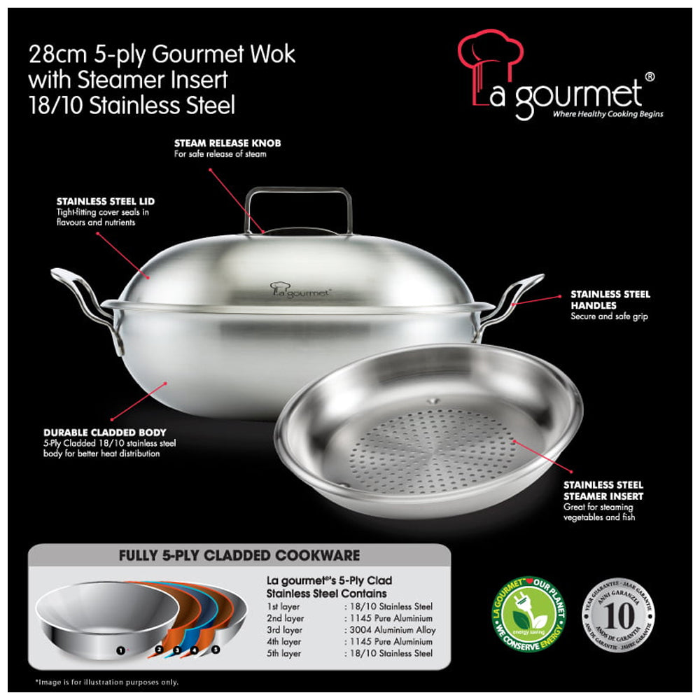 La gourmet 28cm 5-ply Stainless Steel Wok with Steamer (LGWK339799)