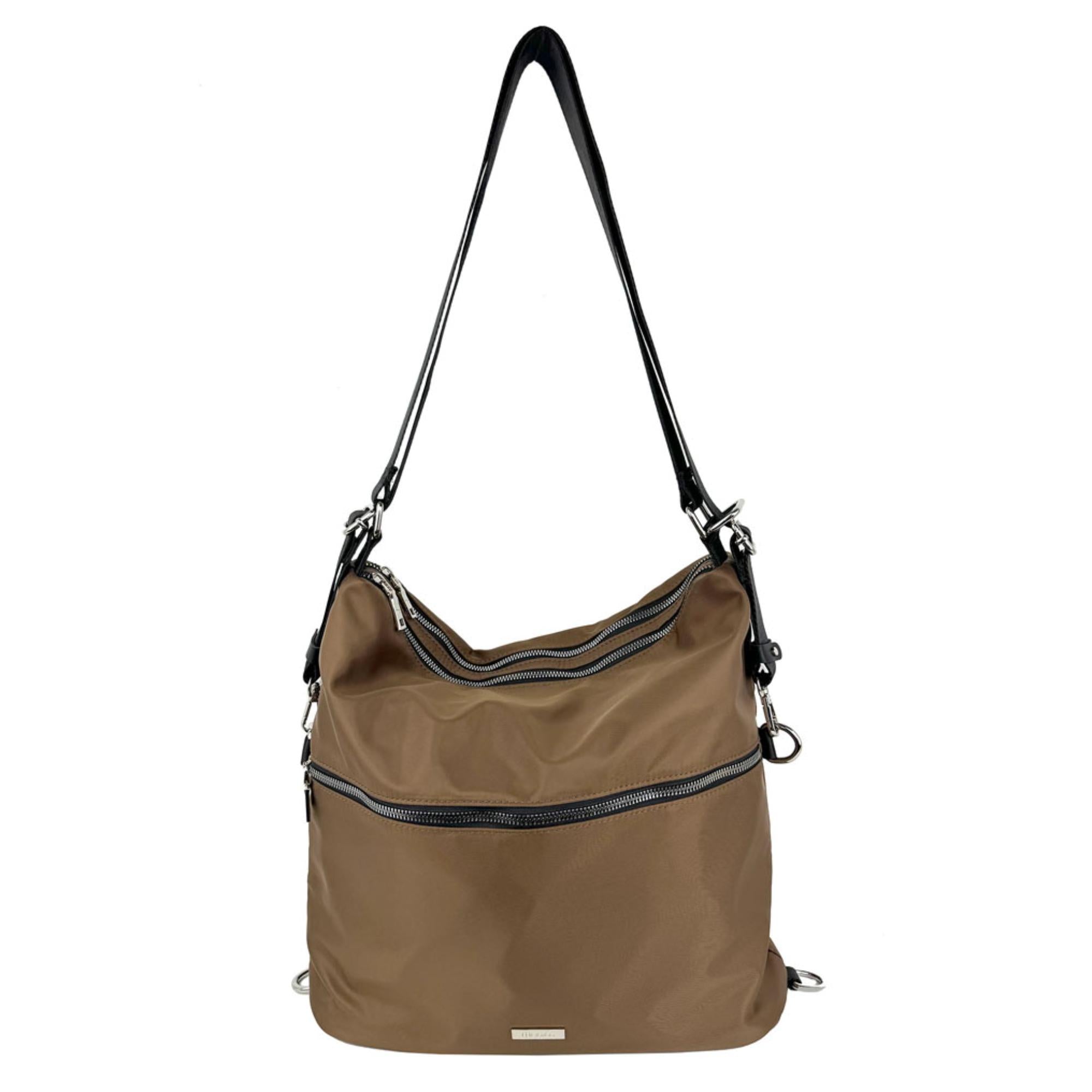 Mel&Co Nylon Two-Way Convertible Shoulder Backpack -Light Brown