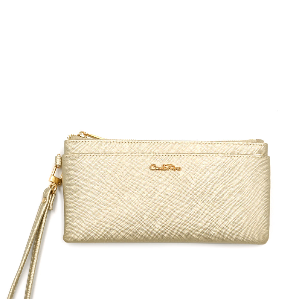 Carlo Rino Saffiano Print Leather Wristlet Gold OG Singapore