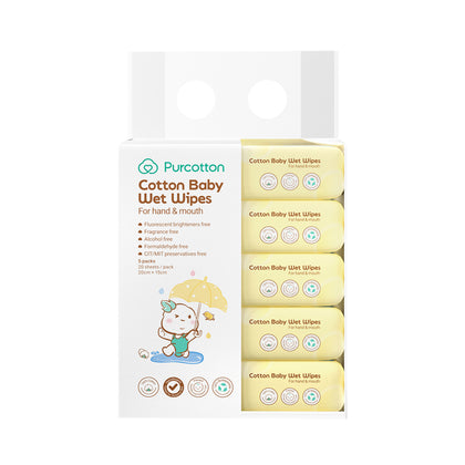 Purcotton Cotton Baby Wet Wipes 20cm x 15cm 20 sheets x 5 packs