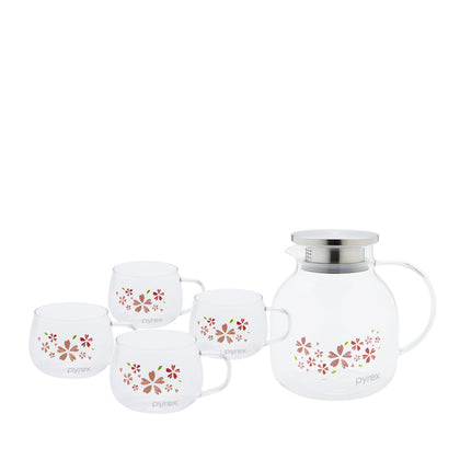 Pyrex 5pc Glass Teapot & Cups Set (Hanami Blossom) (PX-FEJAR4CUP-HNB)