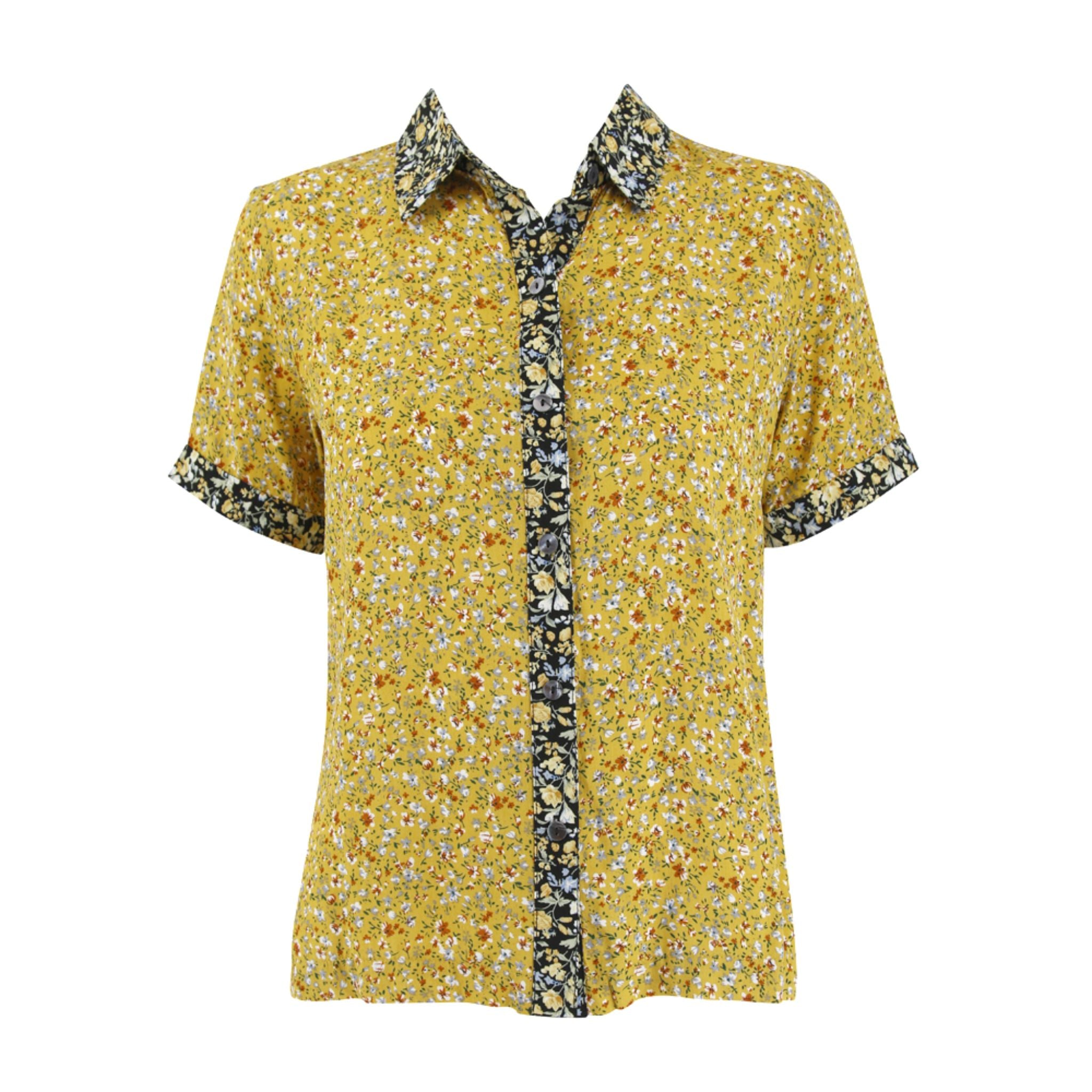 ENRO Mix Fabric Button Down Yellow Blouse - Prints