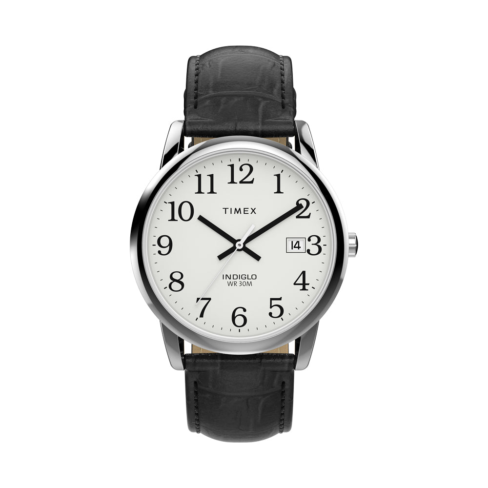 TIMEX Easy Reader® 35mm Leather Strap Watch - Black/Silver-Tone