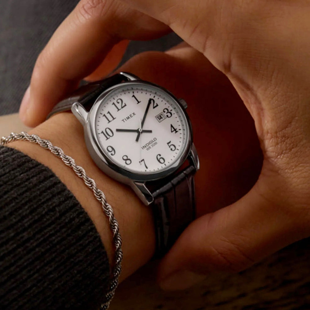TIMEX Easy Reader® 35mm Leather Strap Watch - Black/Silver-Tone