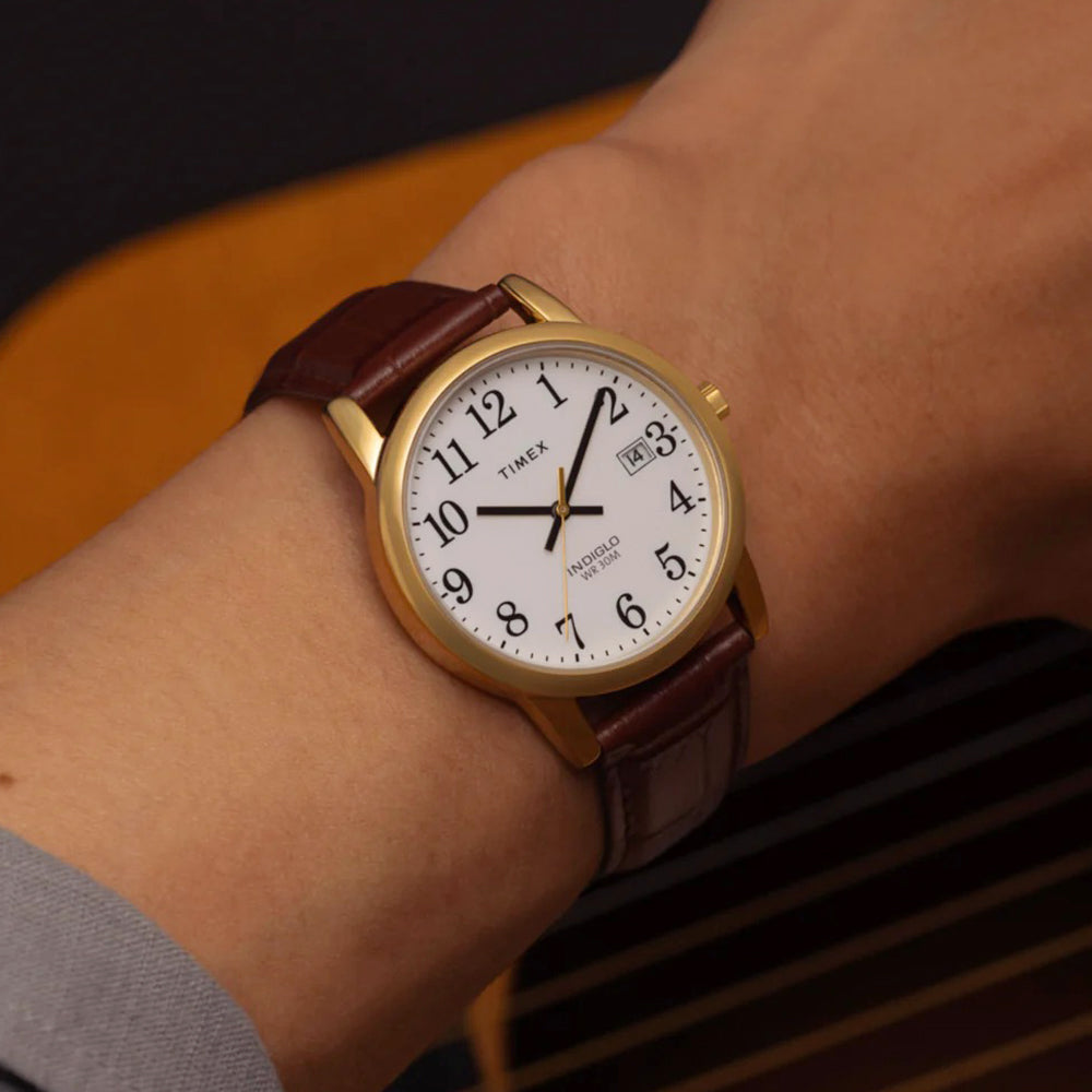 TIMEX Easy Reader® 35mm Leather Strap Watch - Brown/Gold-Tone