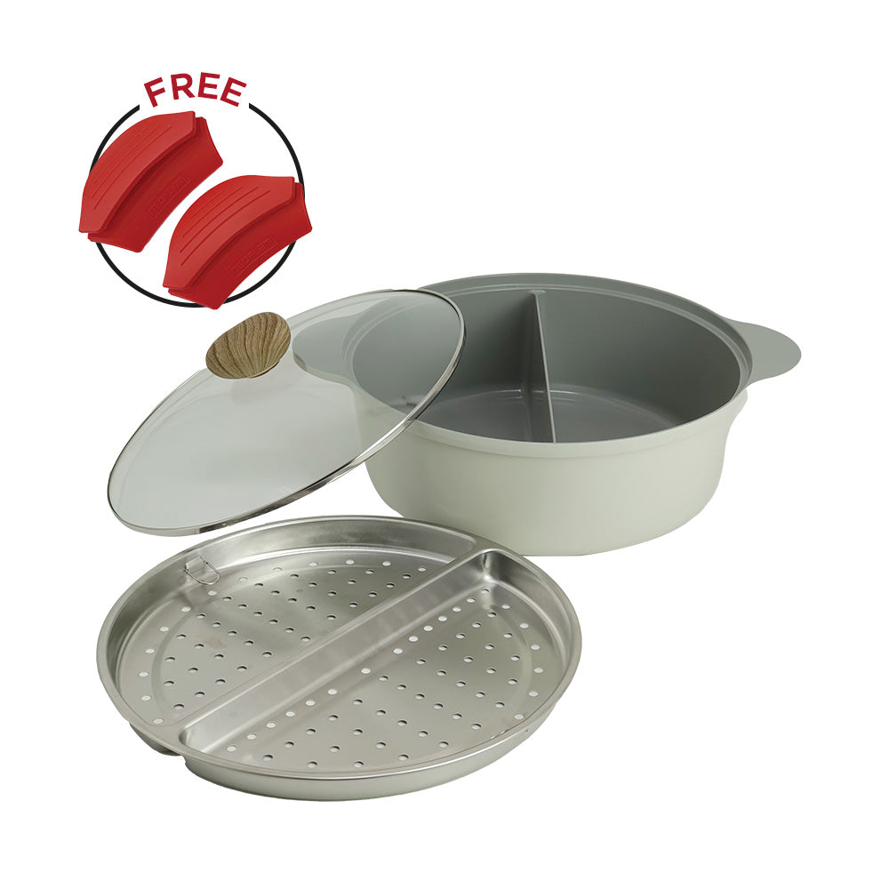 Neoflam FIKA 30cm Divided Casserole with Steamer + FREE Grabber