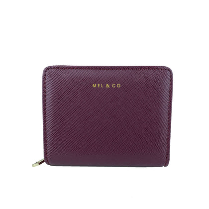 Mel&Co Saffiano-Effect Bifold Zip Coin Card Wallet Wine