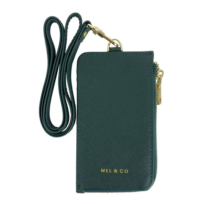 Mel&Co Saffiano-Effect Zip-Up Lanyard Card Holder Forest Green