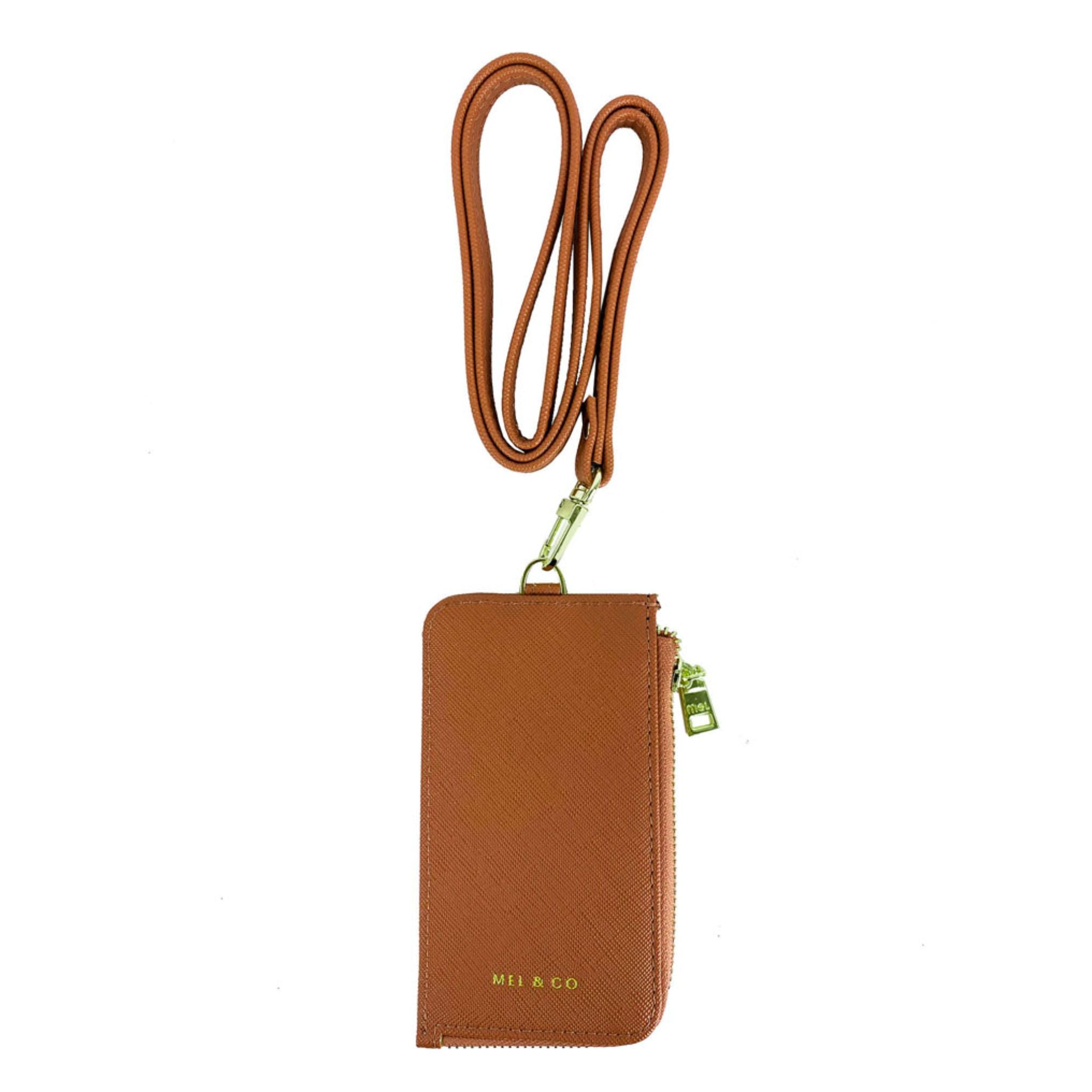 Mel&Co Saffiano-Effect Zip-Up Lanyard Card Holder Tan