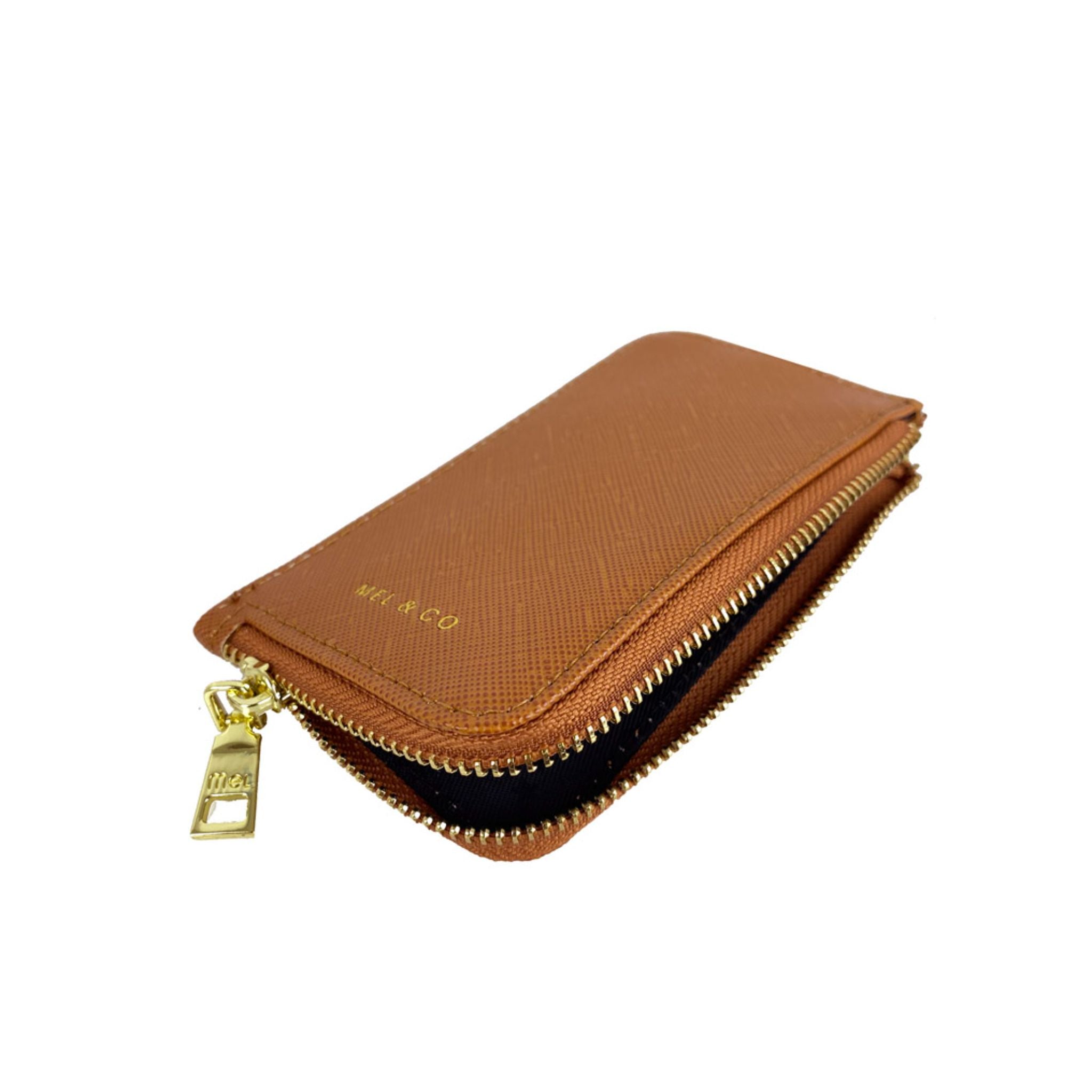 Mel&Co Saffiano-Effect Zip-Up Lanyard Card Holder Tan