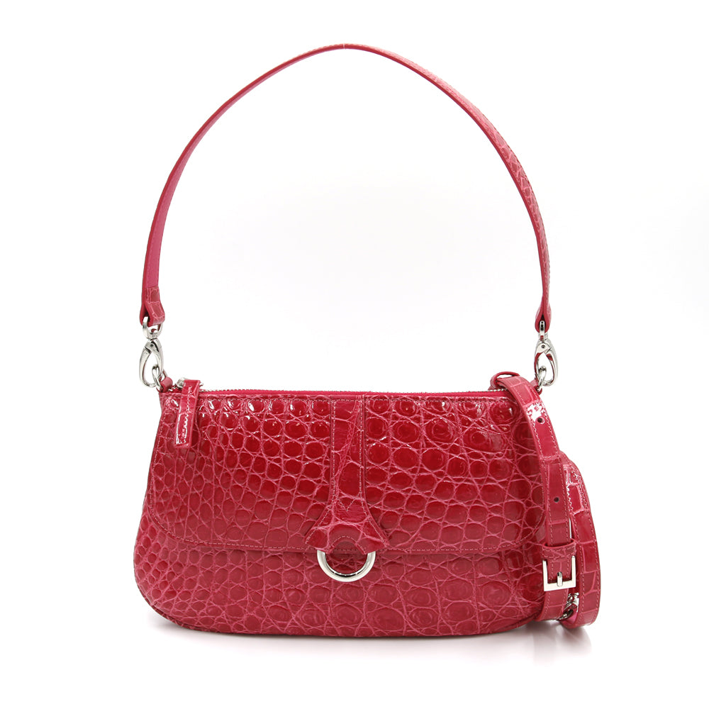 SANCHŌ Crocodile Leather Shoulder Bag with Long and Short Detachable Shoulder Straps - Hibiscus