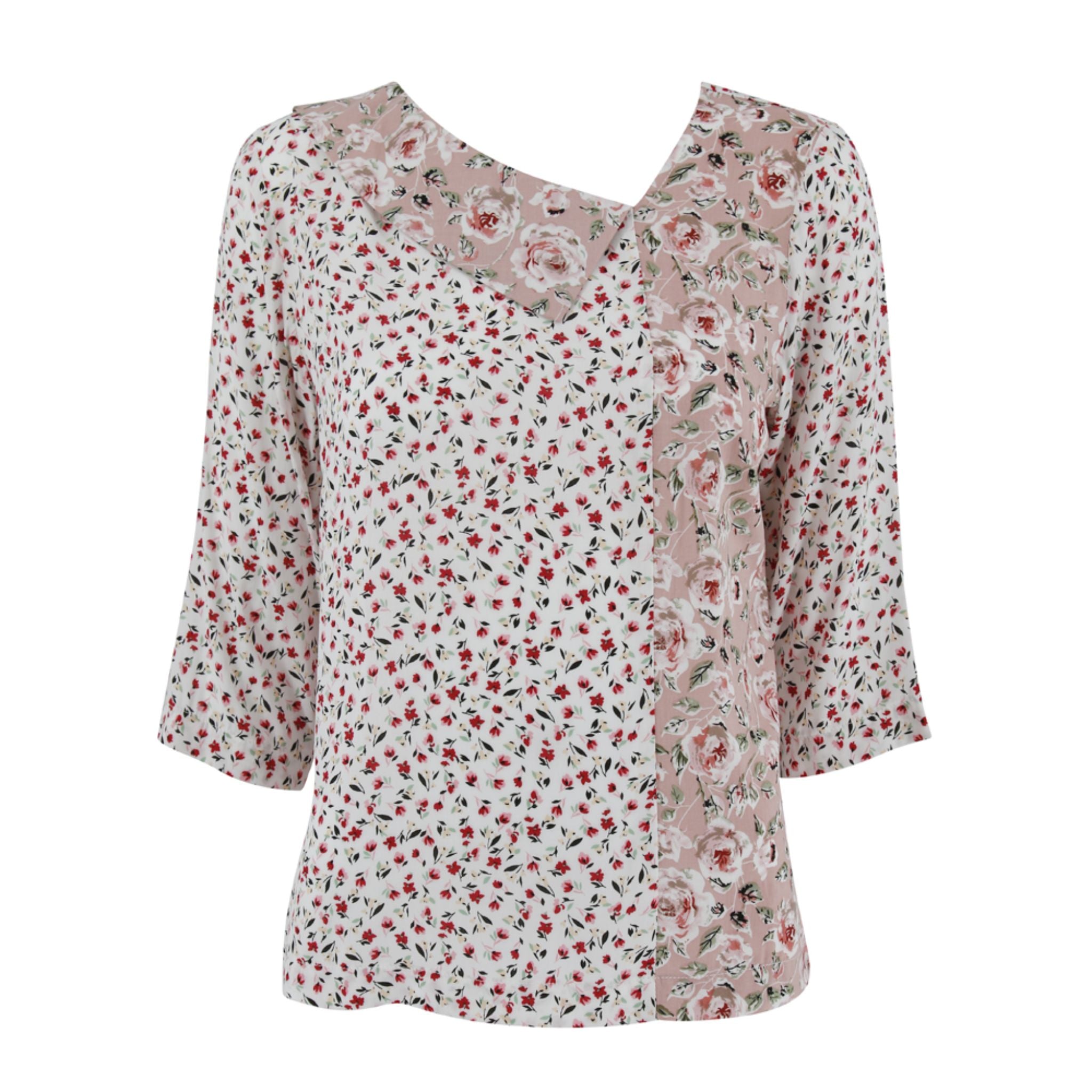 ENRO Mix Fabric With Asymmetrical Collar Blouse - Prints