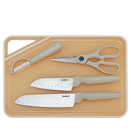 Kukeri 5-pc Cutting Board, Knives, Scissors and Peeler Set - Beige