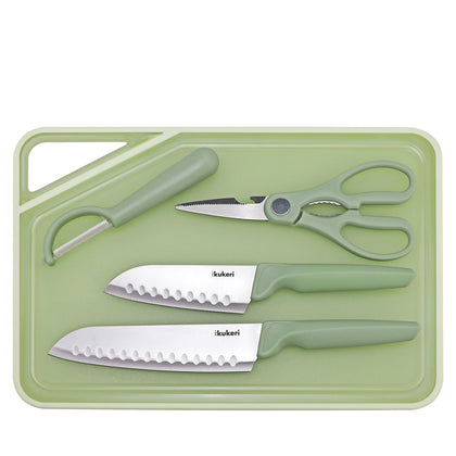 Kukeri 5-pc Cutting Board, Knives, Scissors and Peeler Set - Green