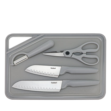 Kukeri 5-pc Cutting Board, Knives, Scissors and Peeler Set - Grey