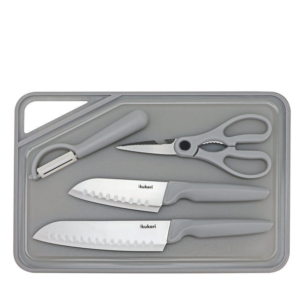 Kukeri 5-pc Cutting Board, Knives, Scissors and Peeler Set - Grey