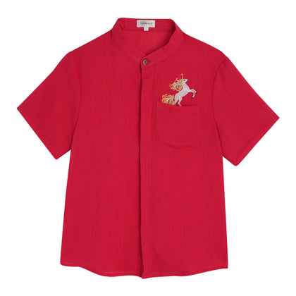 J.Edward Red Mandarin Collar Cotton Short-Sleeve Shirt - Red