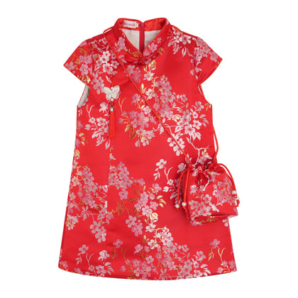 Rodolia Lined Brocade Qipao with Matching Sling Pouch - Red