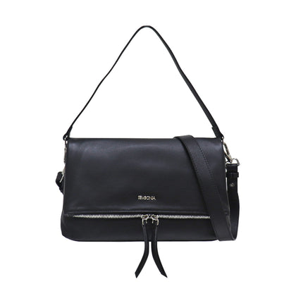 Sembonia Soft Grain Leather Bag with 2 Deatchable Shoulder Straps - Black