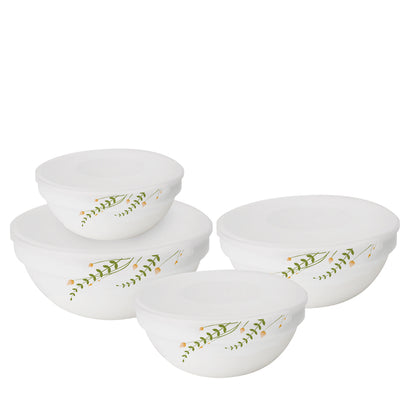 Kukeri Nesting Opal Glass Bowls (Set of 4 with Lids) - Botanical Spring