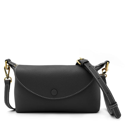 SARRER Leather Half-Flap Shoulder Bag with Detachable Shoulder Strap - Black