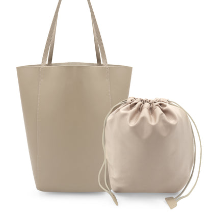 Sarrer Leather Shoulder Tote Bag with Inner Bag - Beige