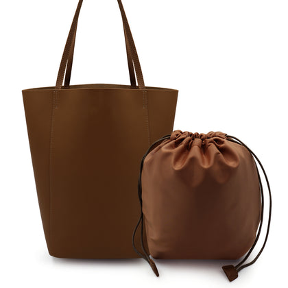 Sarrer Leather Shoulder Tote Bag with Inner Bag - Dark Brown