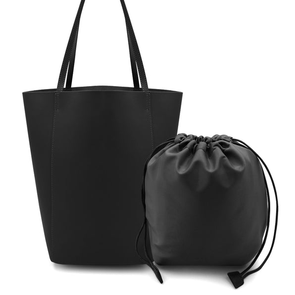 Sarrer Leather Shoulder Tote Bag with Inner Bag - Black