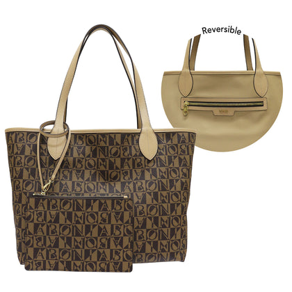 Bonia Leather-Trimmed Interchangeable Monogram or Plain Shopper + Wristlet - Brown with L/Brown