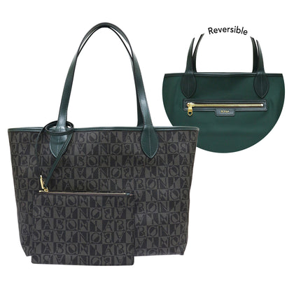 Bonia Leather-Trimmed Interchangeable Monogram or Plain Shopper + Wristlet - Black with Green