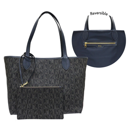 Bonia Leather-Trimmed Interchangeable Monogram or Plain Shopper + Wristlet - Black with Navy