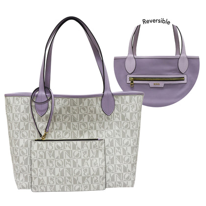Bonia Leather-Trimmed Interchangeable Monogram or Plain Shopper + Wristlet - White with L/Purple