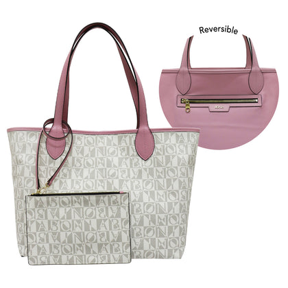 Bonia Leather-Trimmed Interchangeable Monogram or Plain Shopper + Wristlet - White with Pink