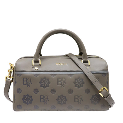 Bonia Monogram Debossed Leather Satchel Bag - Grey