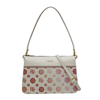 Bonia Monogram Debossed Leather Shoulder Bag - Beige