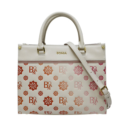 Bonia Monogram Debossed Leather Satchel Bag - Beige