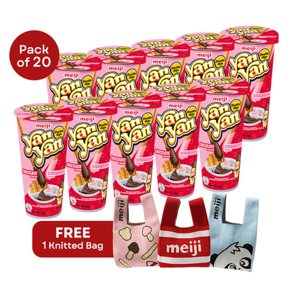 [Online Exclusive Amazing Sale] Meiji Yan Yan Creamy Double Dipping Chocolate & Strawberry Pack 44g x 20 Cups + FREE Knitted Carrier Bag