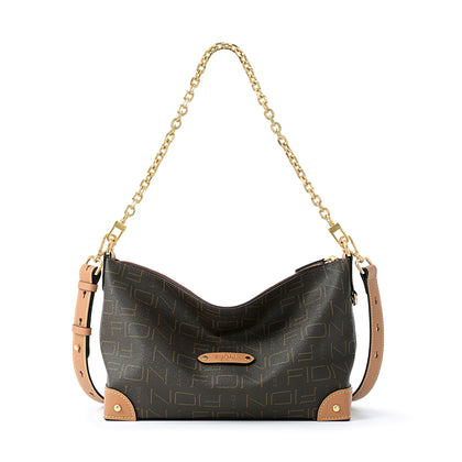 Fion Leather-Trimmed Monogram Shoulder Bag with 2 Detachable Straps - Brown