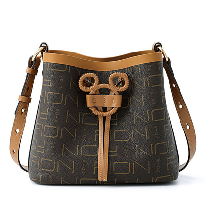 FION Leather-Trimmed Interchargeable Monogram Mickey Mouse Print Bucket Bag - Brown
